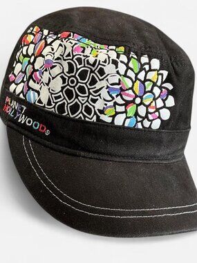 VTG 90s Womens Planet Hollywood Hat Black Pink Graphic Military Cadet Hat